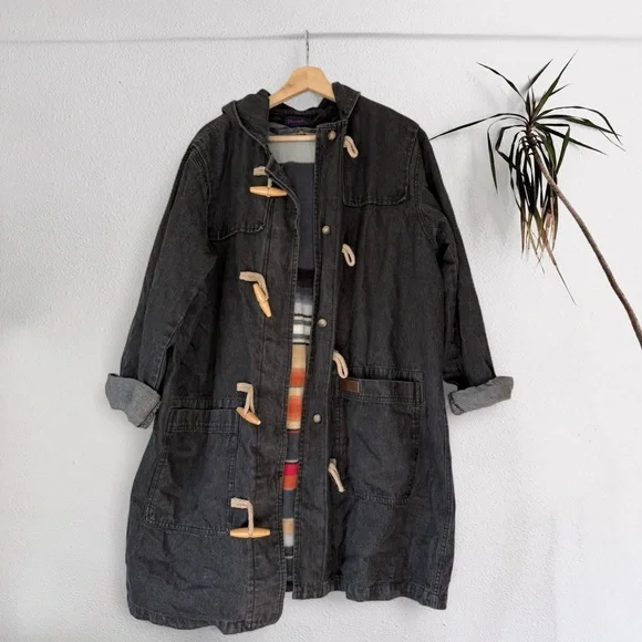 Vintage Black Denim Hooded Toggle Barn Coat - Picture 2 of 6